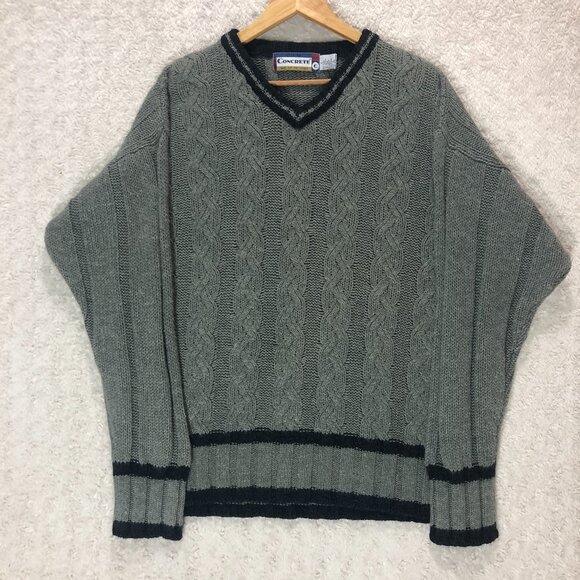 Concrete V-Neck Sweater Cable Knit Striped Trim Pullover Gray Men's Size L - Picture 1 of 3